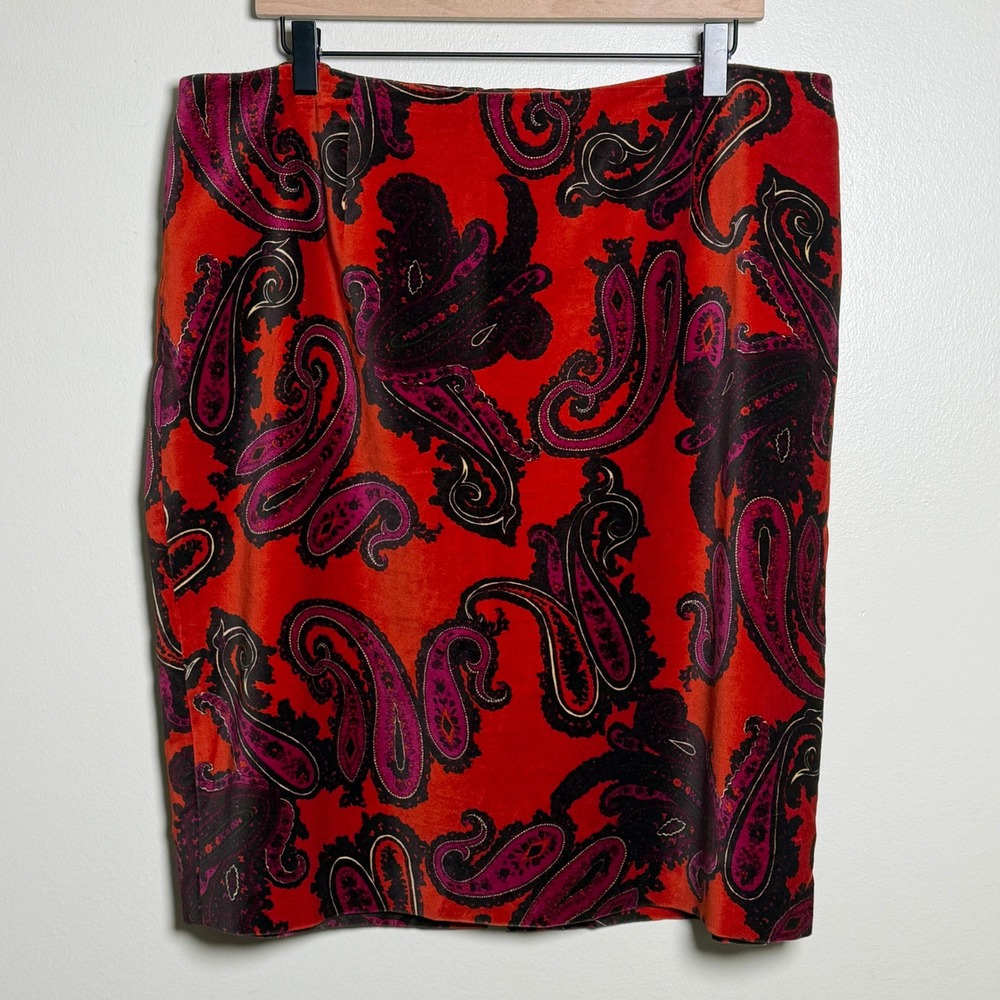 Talbots Women 100% Cotton Skirt 16W Red Paisley Velvet Lined Office Boho Retro